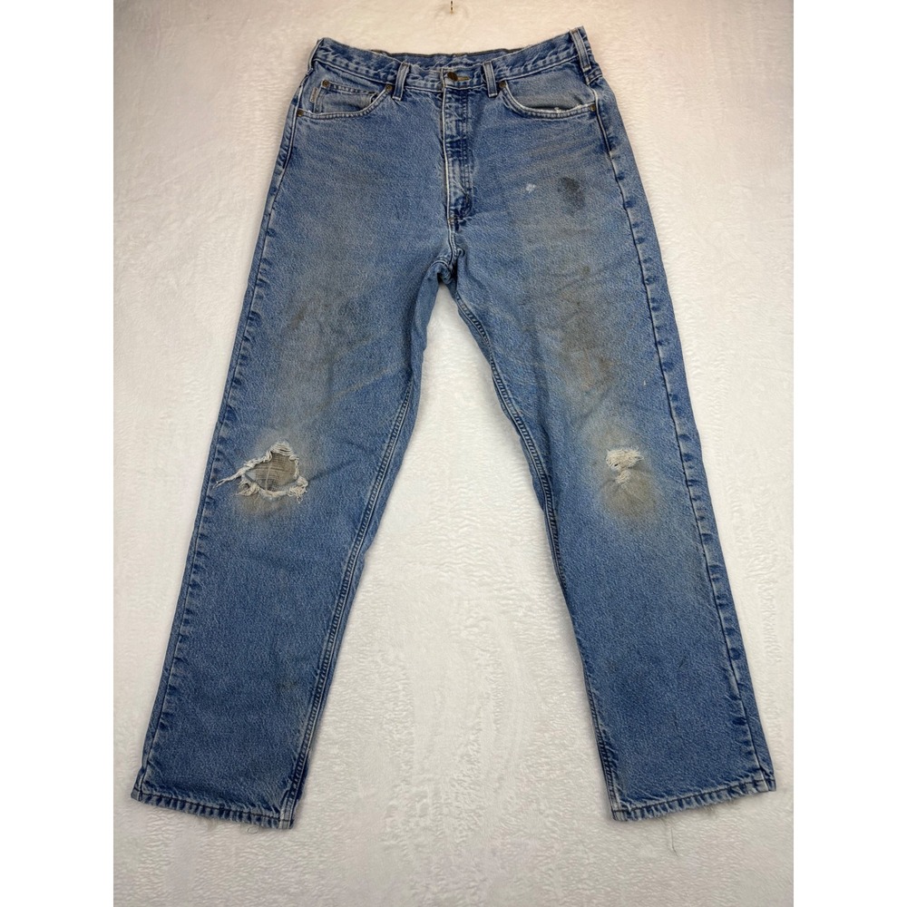 Vintage Carhartt Flannel Lined Jeans Mens 34x34 Blue Distressed Y2K Workwear